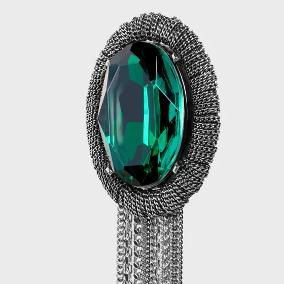 Les Pierres Oval Brooch In Brass With Rhodium Finish And Green Strass - | ^CELINE Cheap